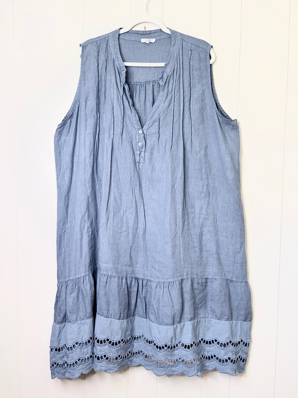 Rosemarine Sleeveless Blue 100% Linen Italian Tunic Dress Eyelet Trim 3X